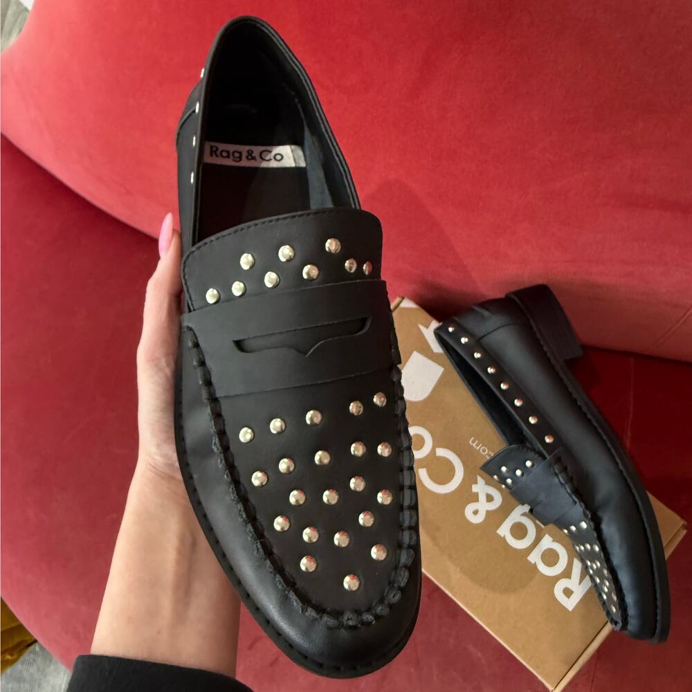 Rag & Co Leather Studded Loafers Black 9 - Picture 5 of 5